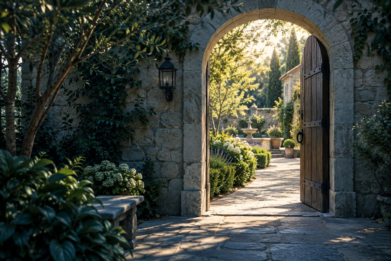 An open garden gateway leading into a peaceful sheltered landscape