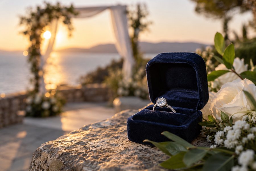 An engagement ring and flowers at a seaside wedding setting