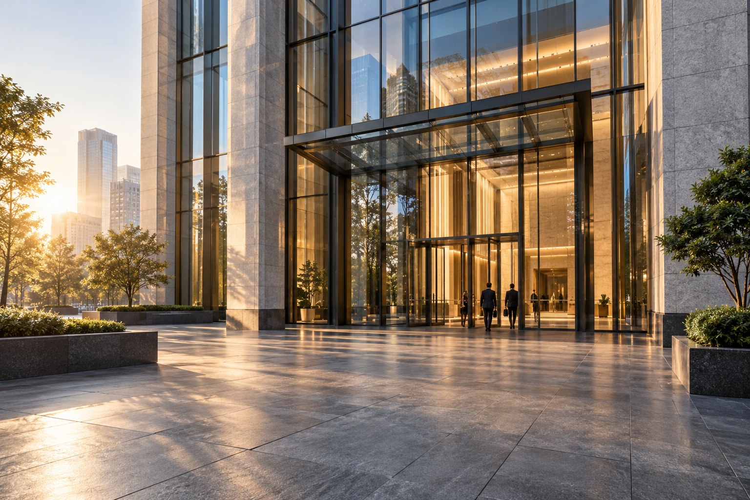 A sunlit office building with a few people arriving for work
