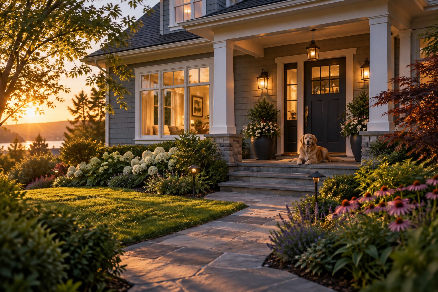 A welcoming home in warm evening light
