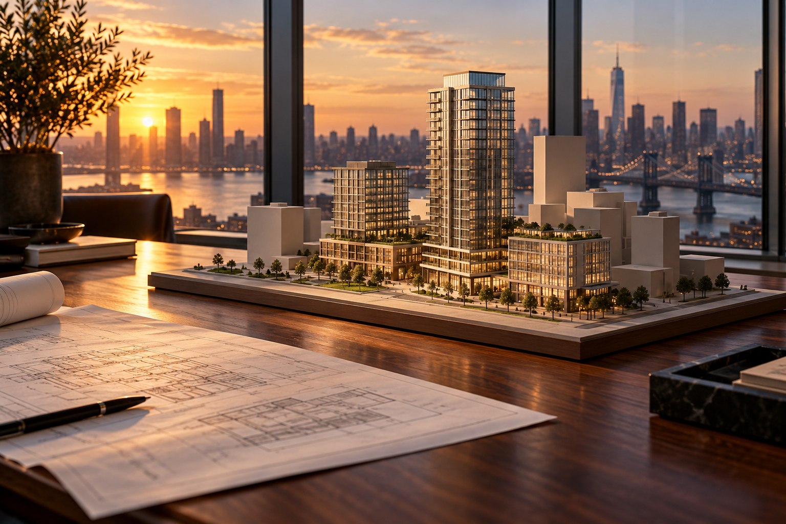 An architectural development model overlooking a city skyline