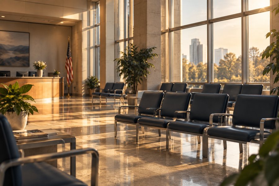 A sunlit immigration office waiting area