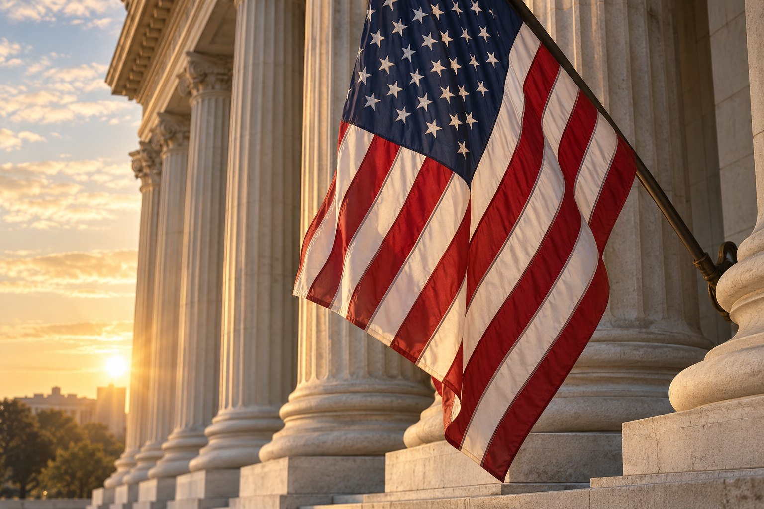 An American flag beside dignified civic columns