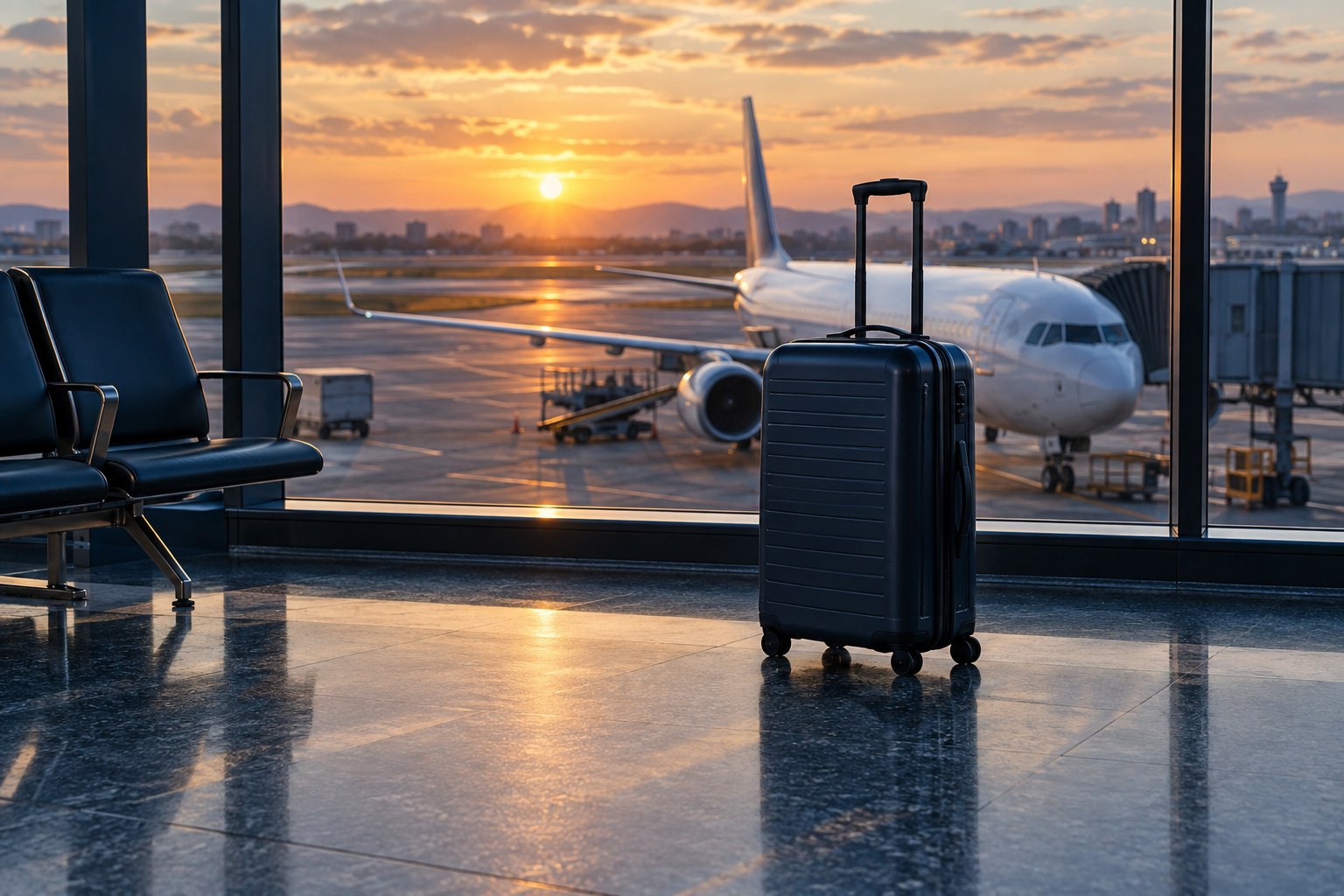 A suitcase beside airport windows overlooking an airplane